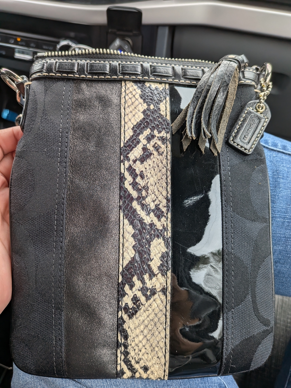 Coach Black Crossbody with Snake-Print Stripe and Patent Panel